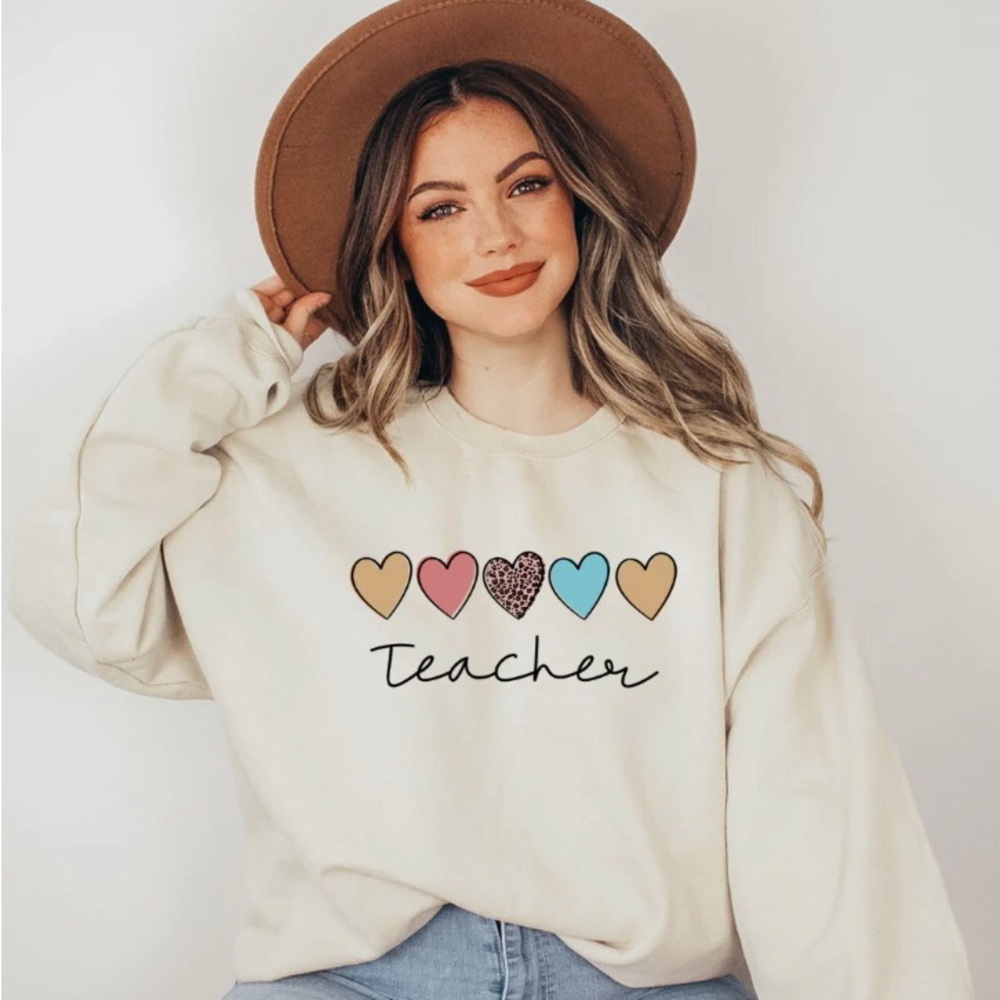 Shein Womenβs XL Cream βTeacherβ Sweatshirt With Hearts 100% Polyester